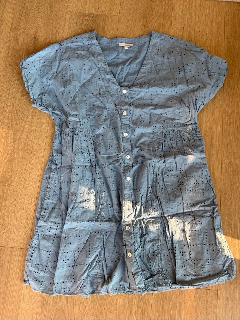 Madewell Light Blue Eyelet Button-Front Mini Dress, Large